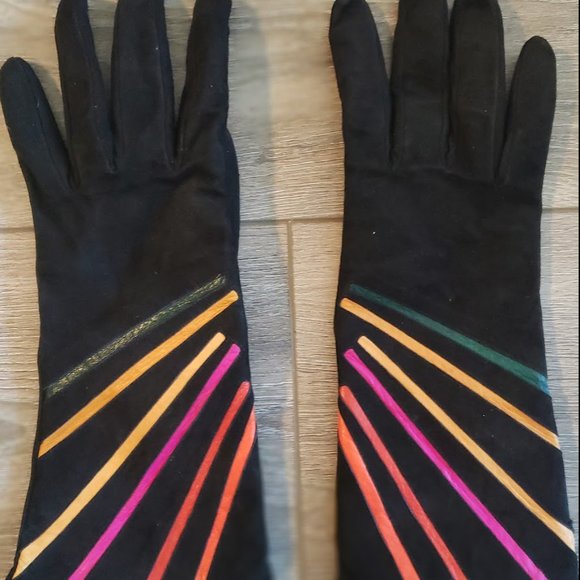 Funky Black suede gloves with colourful leather inserts! - Picture 3 of 4